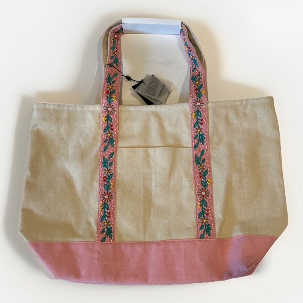 NWT America and Beyond plain w/embroidered/Beaded straps Lg Tote beach shopping